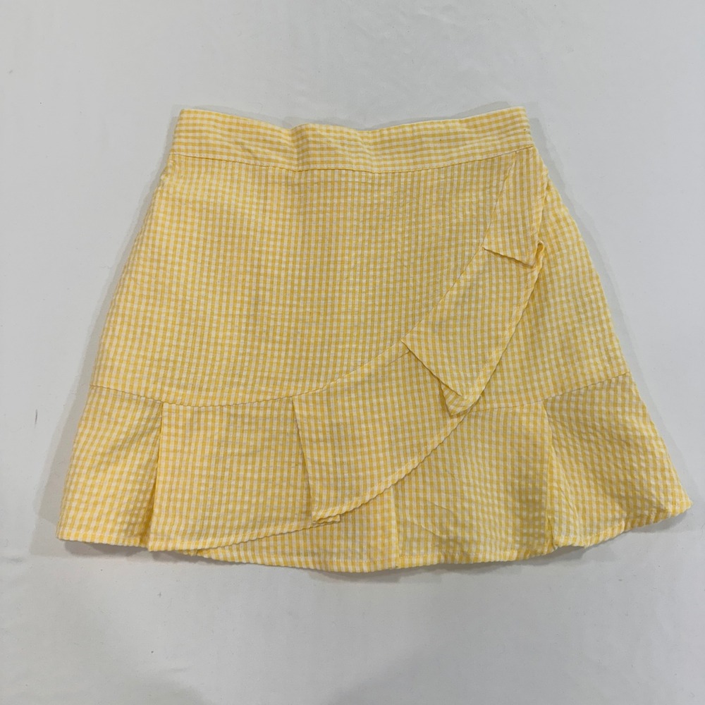 Sim‎ & Sam Gingham Ruffle Mini Skirt Women Small Yellow White Cottagecore